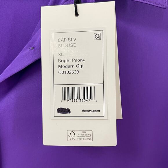 NWT Theory XL Cap Sleeve Blouse Top 100% Silk Georgette Bright Peony Purple - Picture 9 of 13